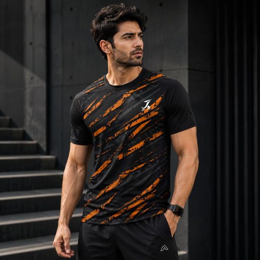 Men's Black Performance Active Wear T-Shirt with Orange Graphic Print
