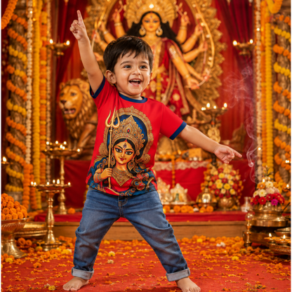 Kids Maa Durga Jersey T-Shirt | Red Durga Puja Festival Tee for Boys