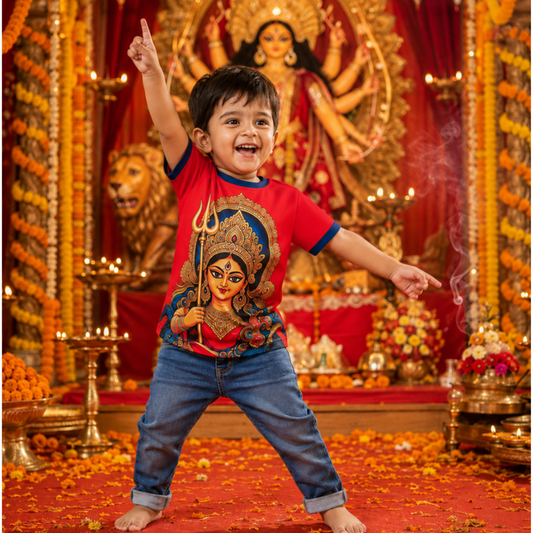 Kids Maa Durga Jersey T-Shirt | Red Durga Puja Festival Tee for Boys