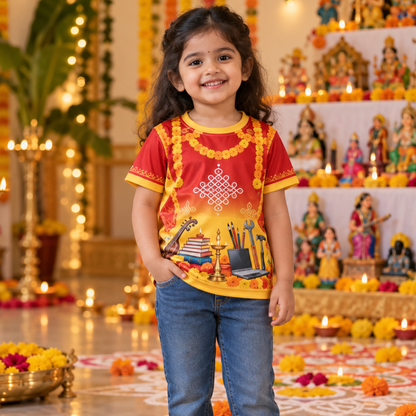 Ayudha Pooja Kids Jersey T-Shirt | Red and Yellow Festive Tools Print