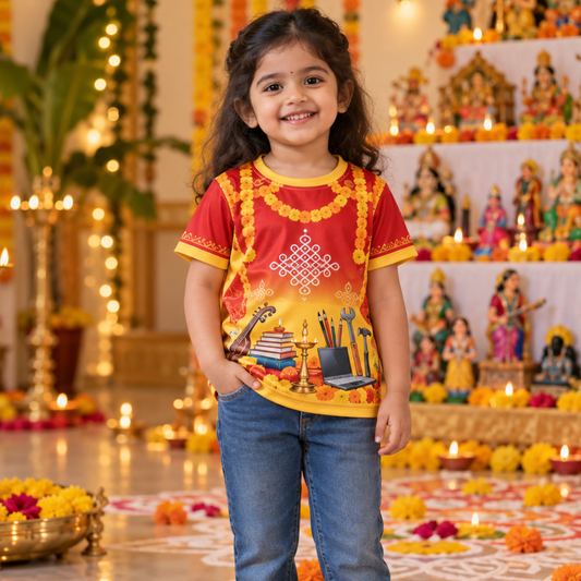 Ayudha Pooja Kids Jersey T-Shirt | Red and Yellow Festive Tools Print