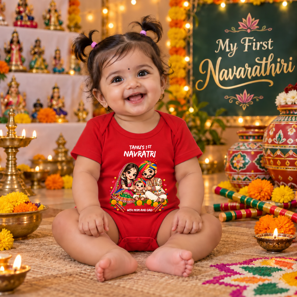 Personalized Baby’s First Navratri Red Romper | With Mom and Dad