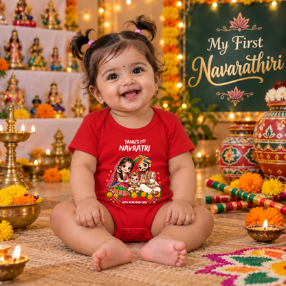 Personalized Baby’s First Navratri Red Romper | With Mom and Dad
