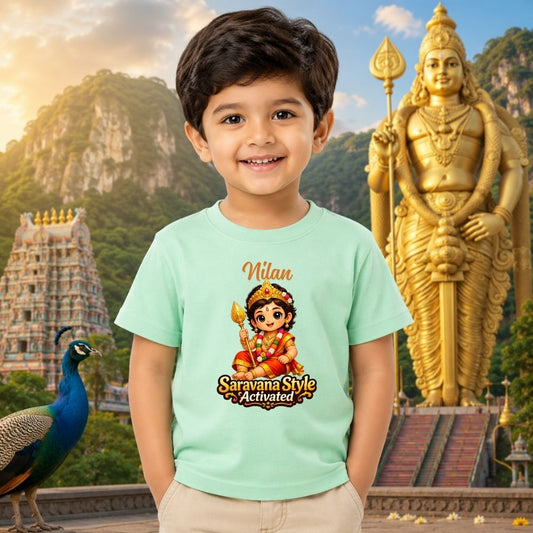 Saravana Style Activated Personalized Kids T-Shirt | Custom Name Murugan T-Shirt for Boys | Cute Lord Murugan Devotional Cotton Tee