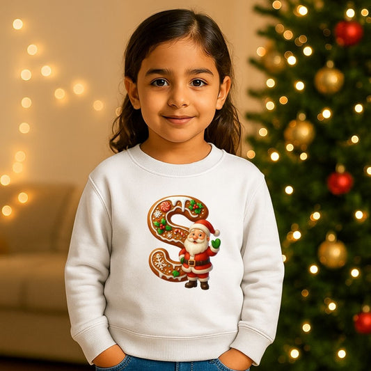Personalized Kids Gingerbread Initial Sweatshirt | Custom Letter 'S' & Santa Sweatshirt