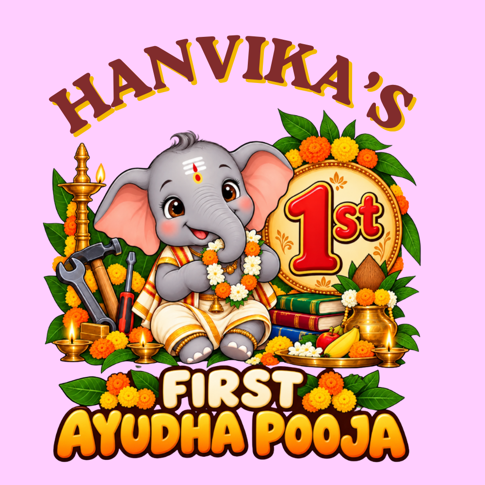 Personalised First Ayudha Pooja Baby Romper – Pink Elephant Design