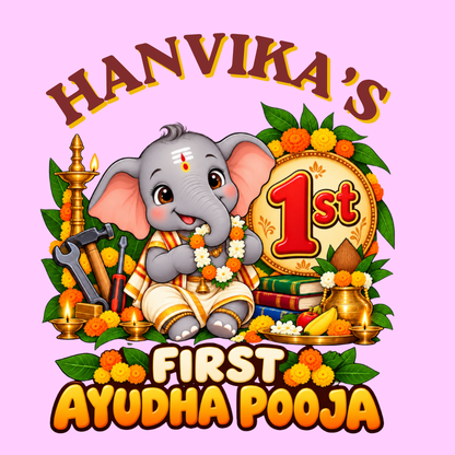 Personalised First Ayudha Pooja Baby Romper – Pink Elephant Design