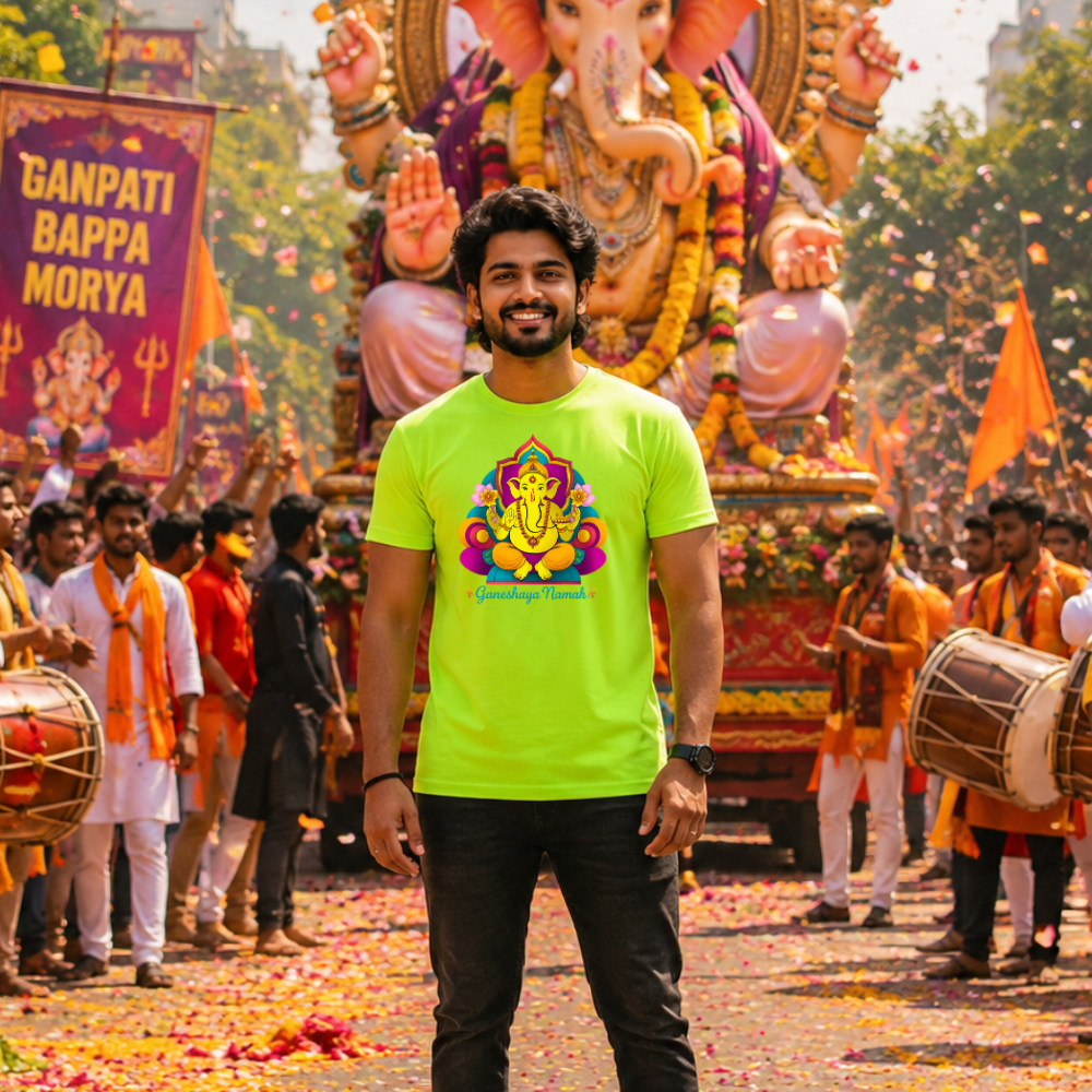 Ganeshaya Namah Lord Ganesha T-Shirt for Men | Neon Green Ganpati Bappa Printed Tee
