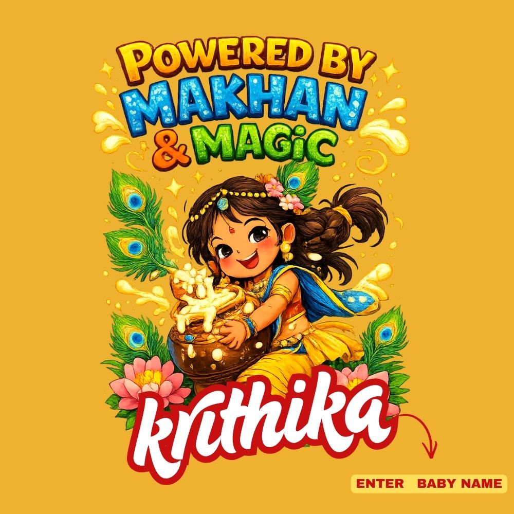 Powered by Makhan & Magic Personalized Krishna Janmashtami Girls T-Shirt – Custom Name