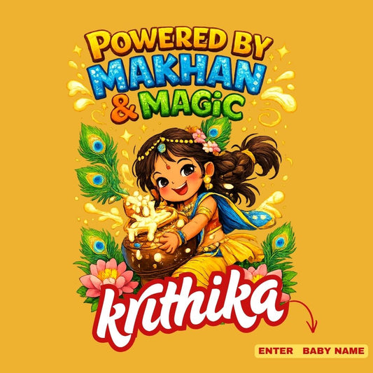 Powered by Makhan & Magic Personalized Krishna Janmashtami Girls T-Shirt – Custom Name