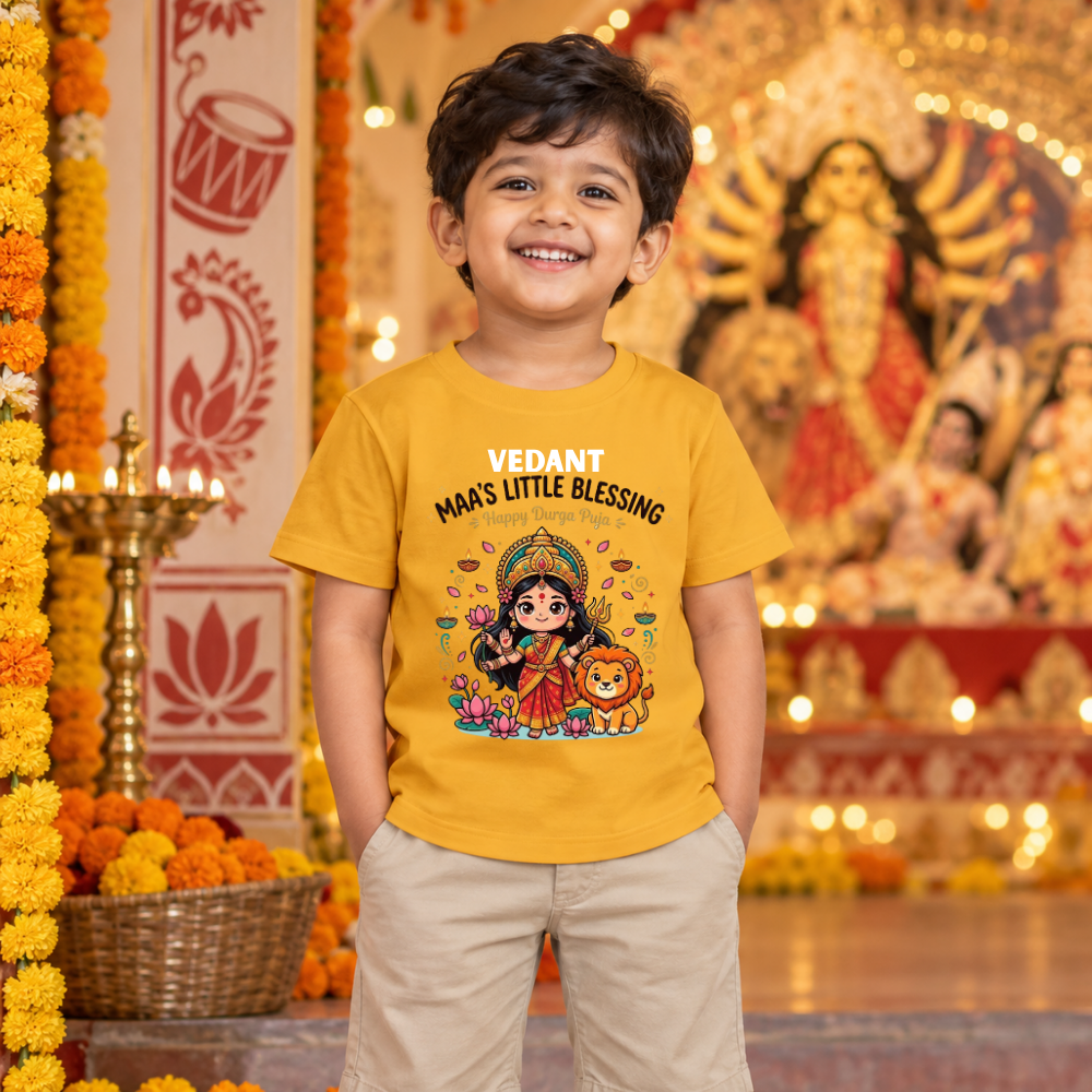 Personalized Maa’s Little Blessing Durga Puja Kids T-Shirt | Custom Name Festive Tee