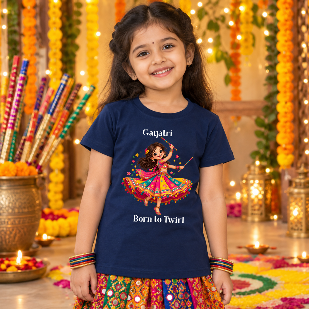 Personalized Girls’ Navratri T-Shirt | Navy Born to Twirl Design