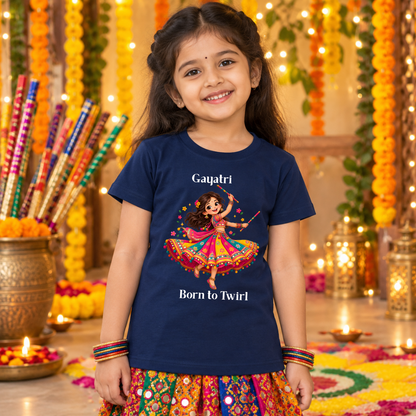 Personalized Girls’ Navratri T-Shirt | Navy Born to Twirl Design
