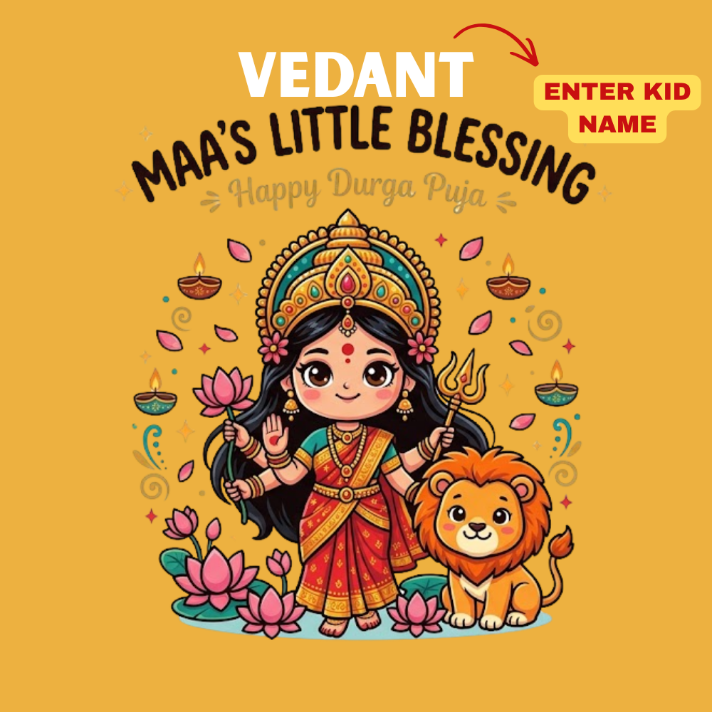 Personalized Maa’s Little Blessing Durga Puja Kids T-Shirt | Custom Name Festive Tee