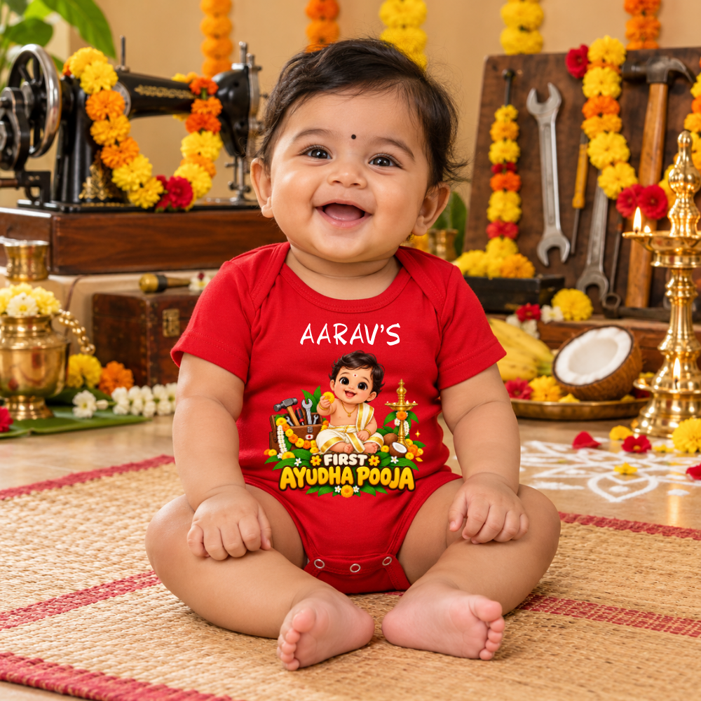 Personalised First Ayudha Pooja Baby Romper – Red Dhoti Boy Design