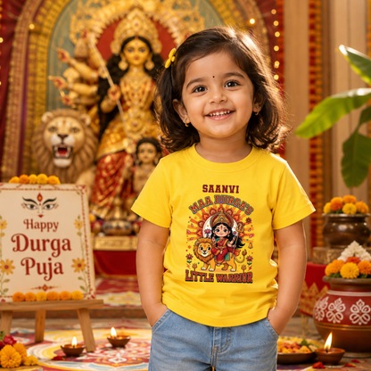 Personalized Maa Durga’s Little Warrior Kids T-Shirt | Custom Name Durga Puja Tee