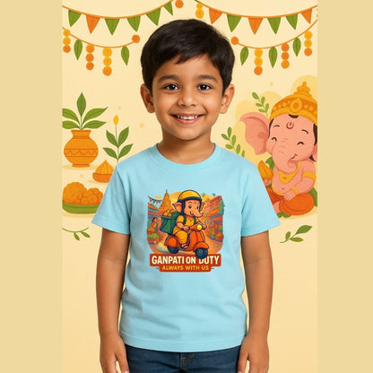 Pastelblue t-shirt with a cartoon Ganesha Riding Scooter for delivering Modaks