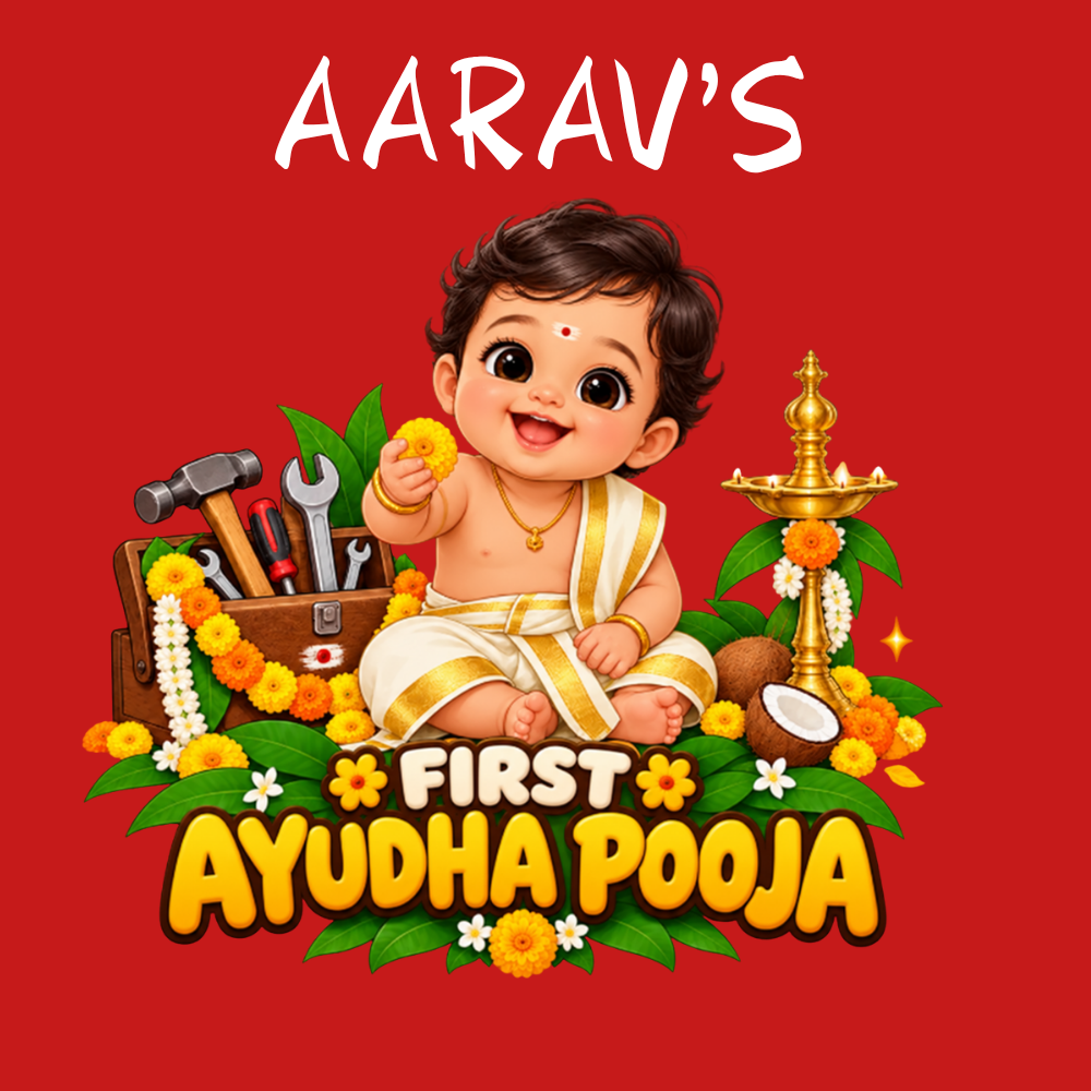 Personalised First Ayudha Pooja Baby Romper – Red Dhoti Boy Design