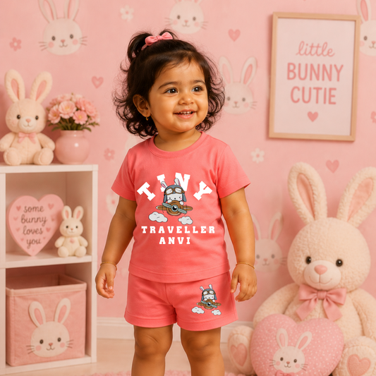 Personalized Tiny Traveller Kids Co-Ord Set | Custom Name Cotton T-Shirt & Shorts for Boys & Girls