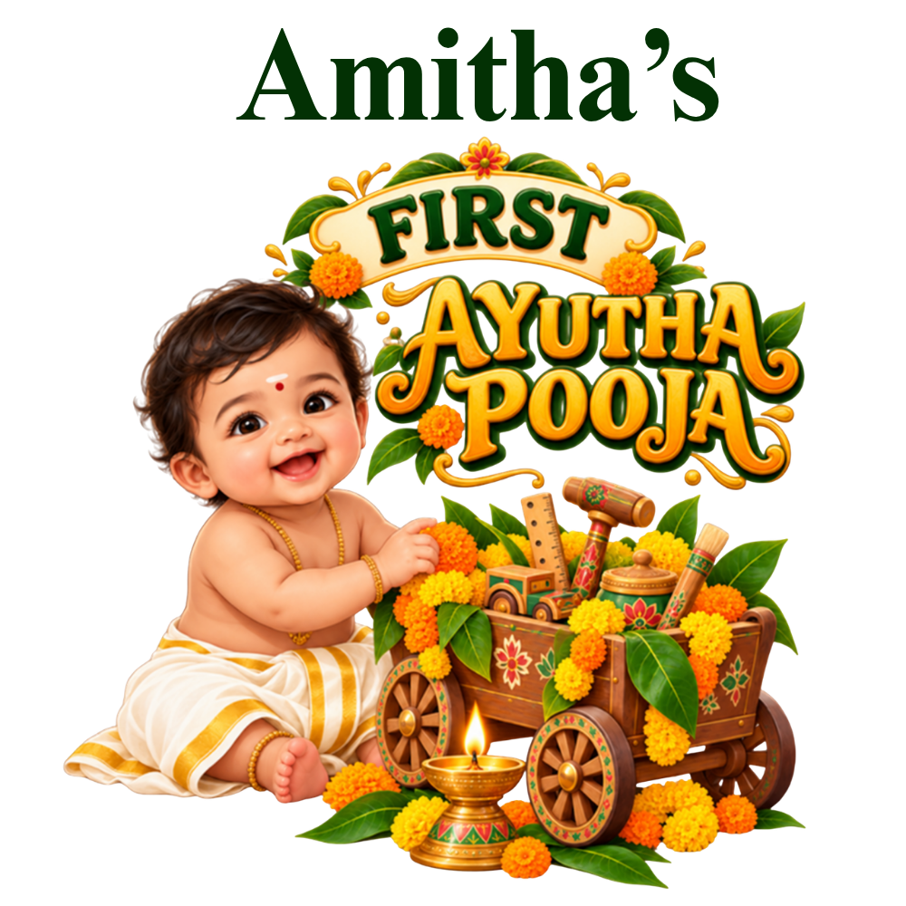 Personalised First Ayudha Pooja Baby Romper – White Cart Design