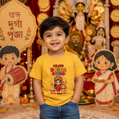 Personalized Durga Squad Kids T-Shirt | Custom Name Puja Mode On Durga Puja Tee