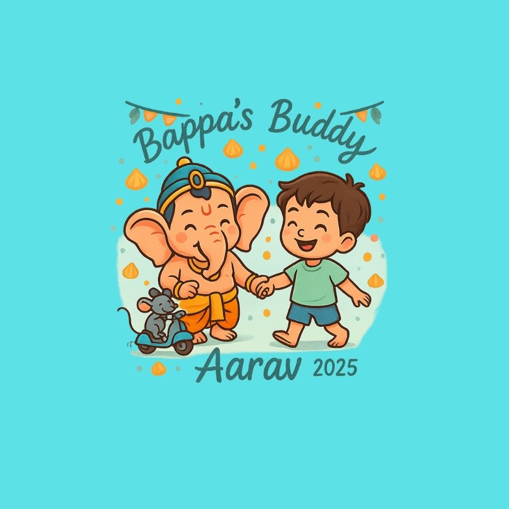 Illustration of a child and an elephant holding hands with 'Bappa's Buddy Aarav 2025' text on a blue background.