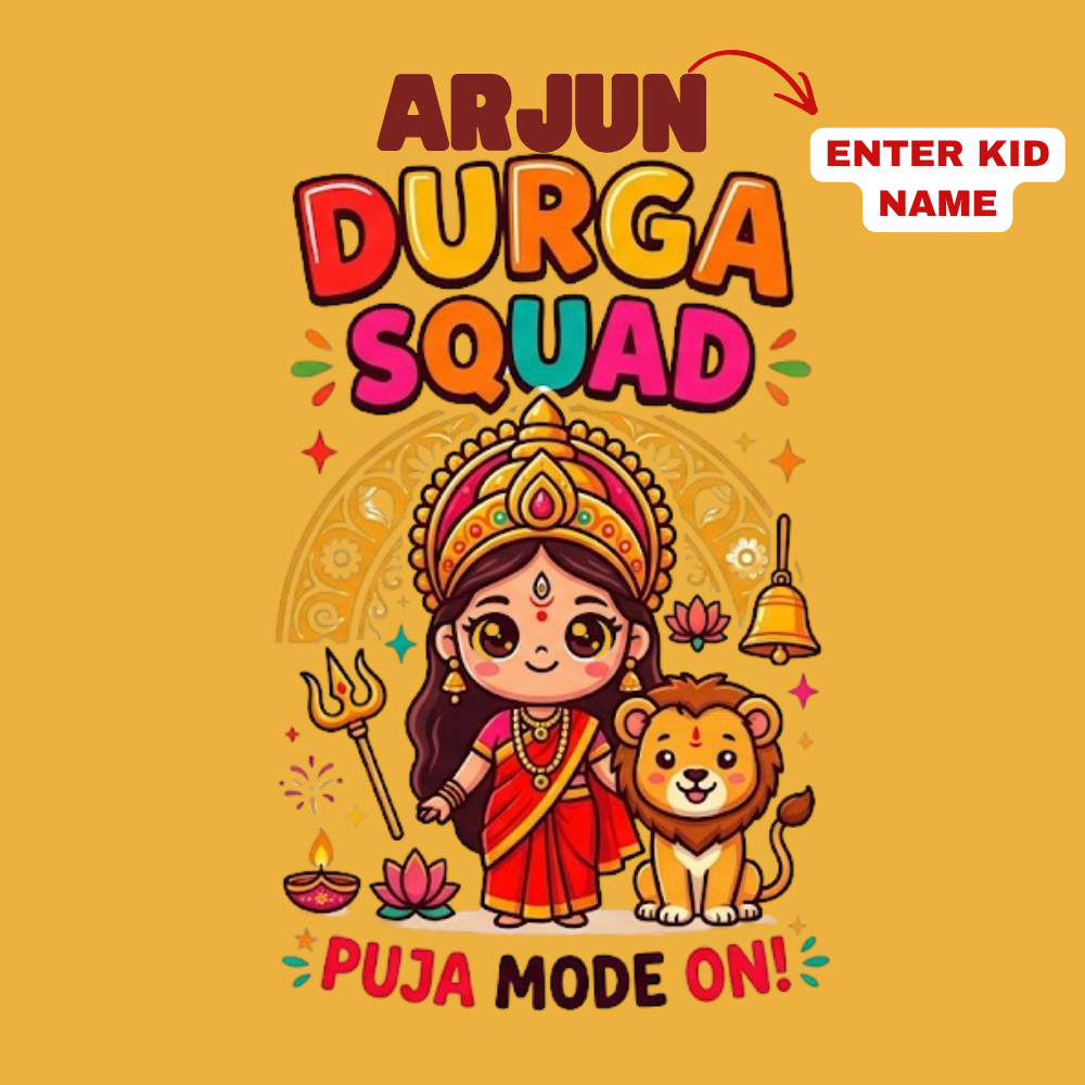 Personalized Durga Squad Kids T-Shirt | Custom Name Puja Mode On Durga Puja Tee