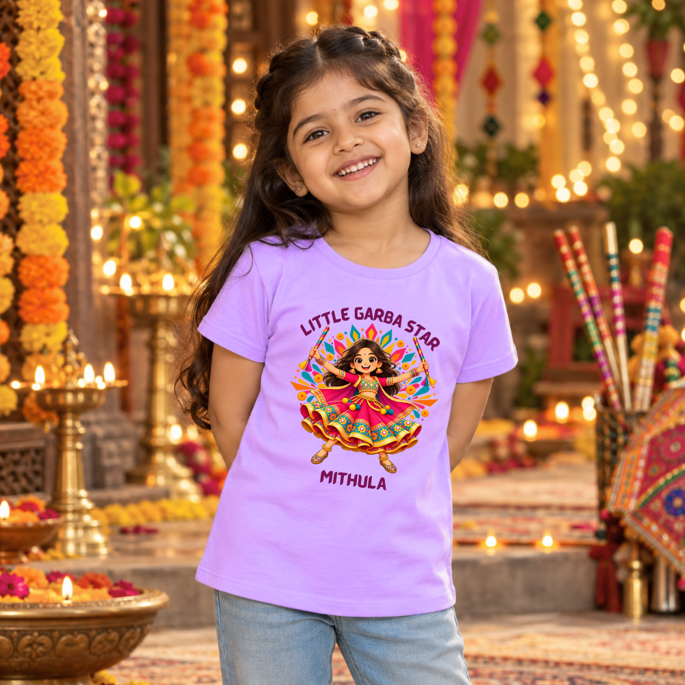 Personalized Little Garba Star Girls’ T-Shirt | Lavender Navratri Tee