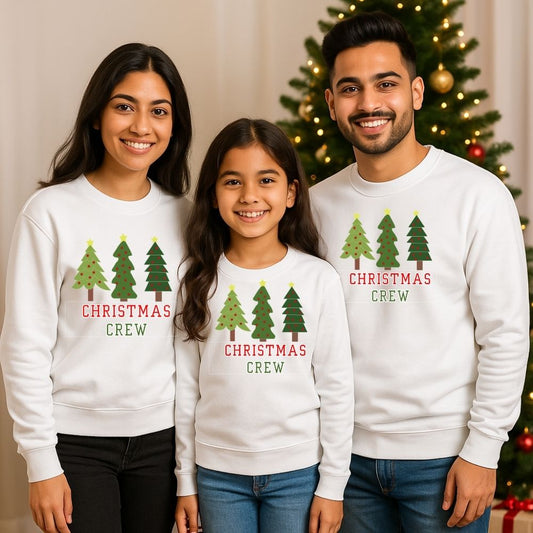 Family Matching “Christmas Crew” text with Xmas Tree Design Print Sweatshirts