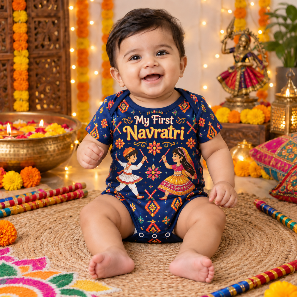 My First Navratri Baby Romper | Navy Blue Dandiya Festive Onesie