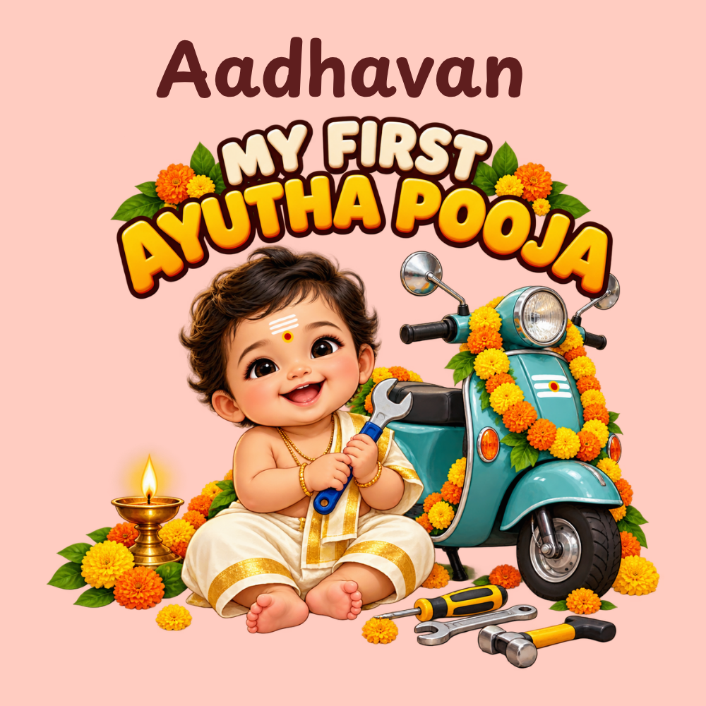 Personalised First Ayudha Pooja Baby Romper – Peach Scooter Design