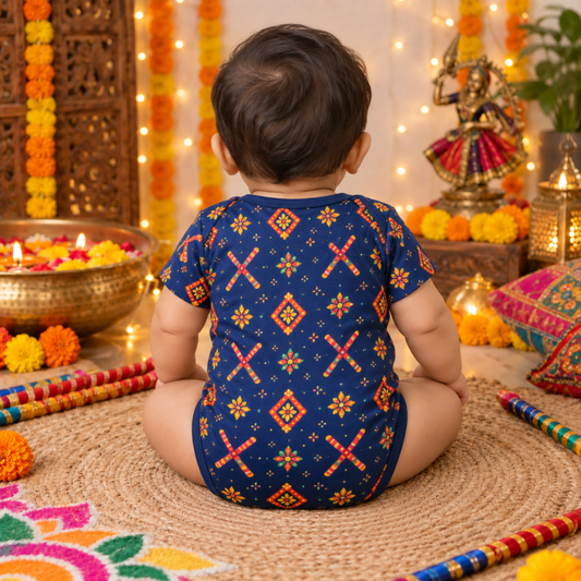 My First Navratri Baby Romper | Navy Blue Dandiya Festive Onesie