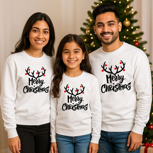 Family Matching “Merry Christmas” Reindeer Antler Sweatshirts – Holiday Outfits
