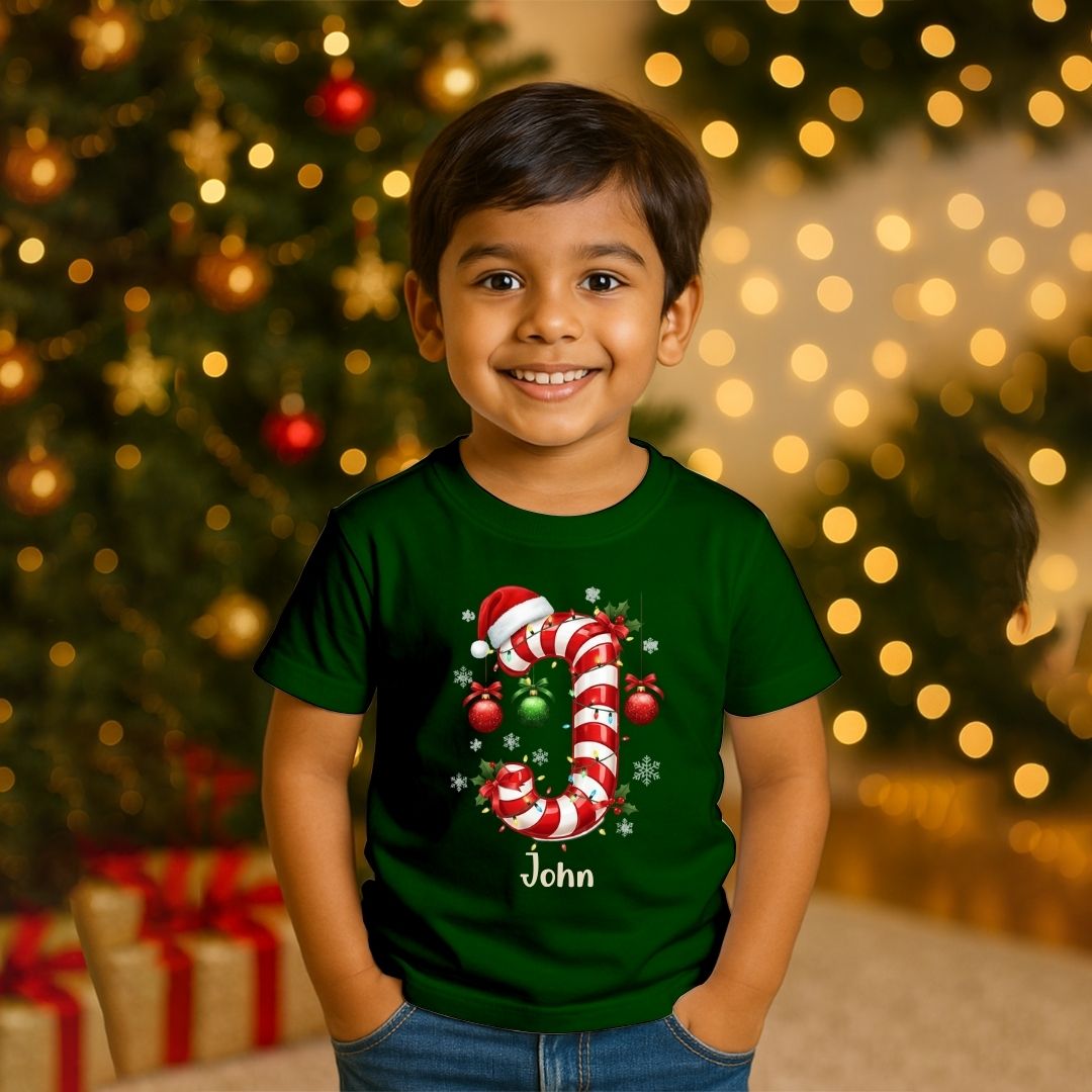 Personalized Kids Candy Cane Initial T-Shirt | Custom Name Xmas Tee