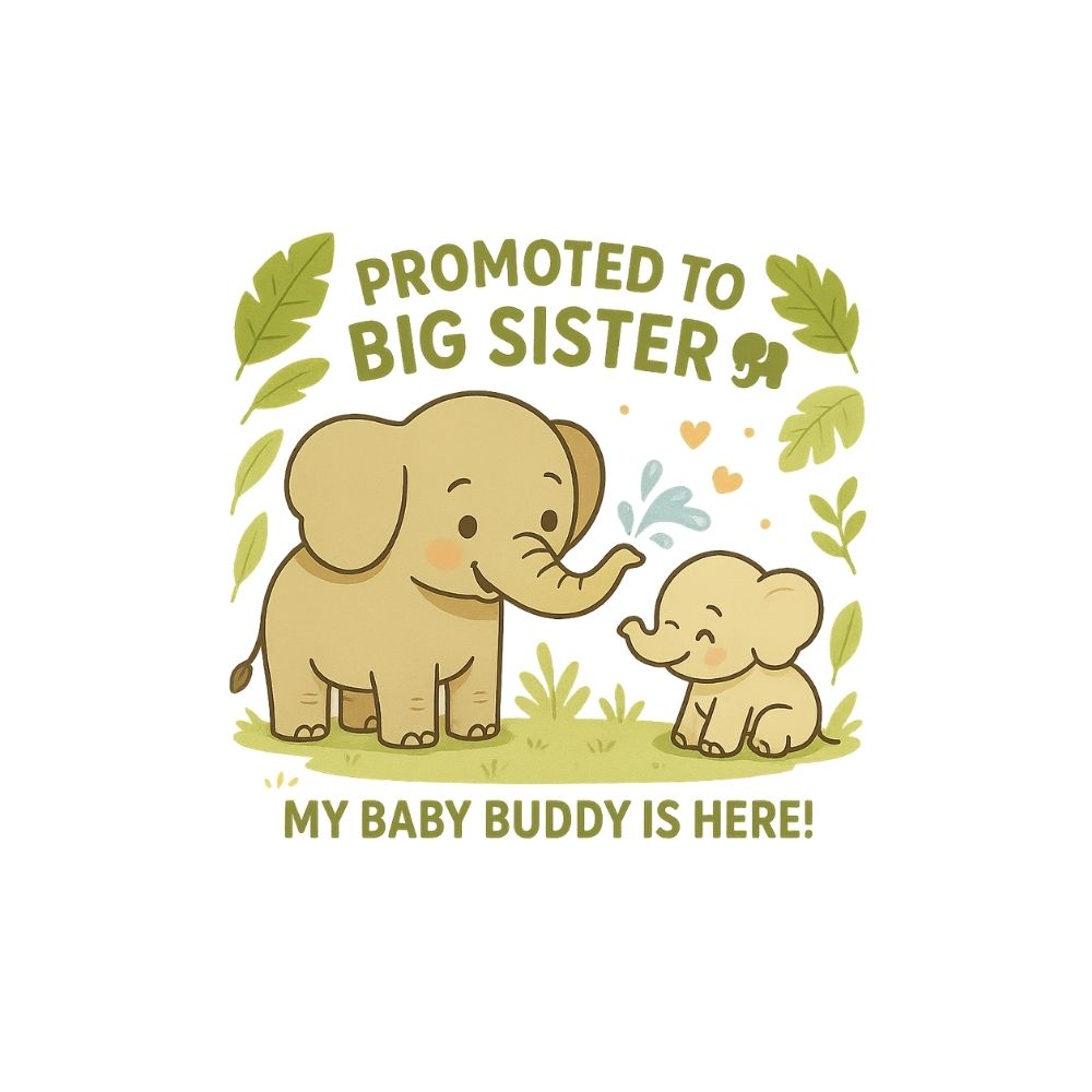 Illustration of two elephants with text 'Promoted to Big Sister' and 'My Baby Buddy is Here!' on a white background.