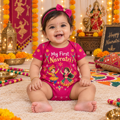 My First Navratri Baby Girl Romper | Pink Dandiya Festive Onesie
