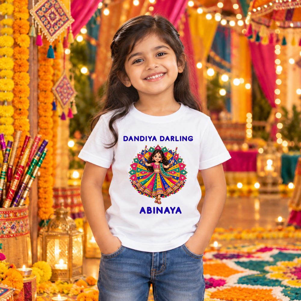 Personalized Dandiya Darling Girls’ T-Shirt | White Navratri Garba Tee