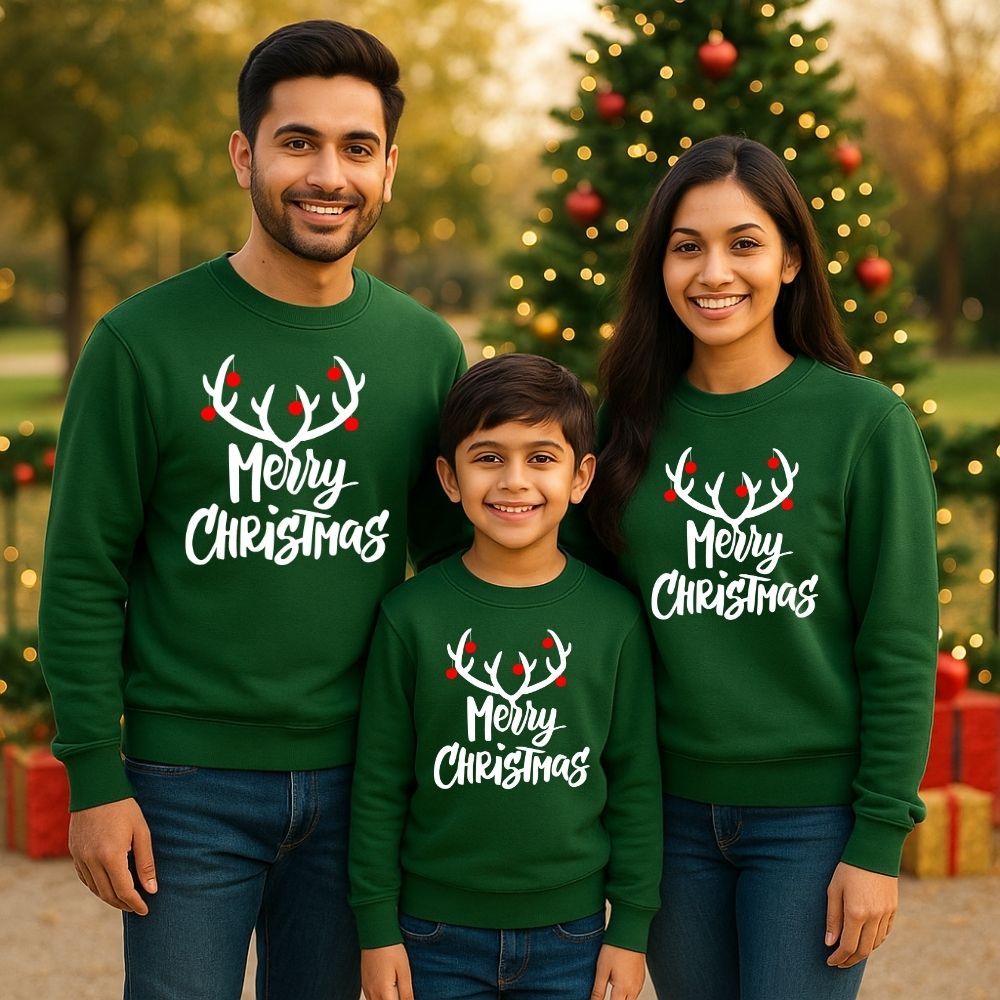 Family Matching “Merry Christmas” Reindeer Antler Sweatshirts – Holiday Outfits