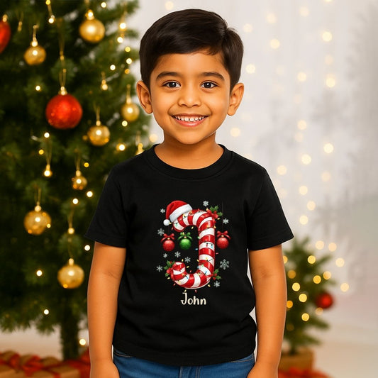 Personalized Kids Candy Cane Initial T-Shirt | Custom Name Xmas Tee