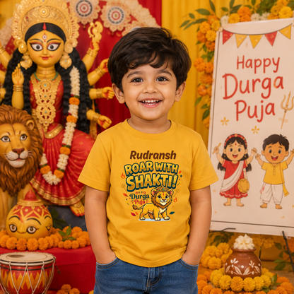 Personalized Roar With Shakti Kids T-Shirt | Custom Name Durga Puja Festive Tee