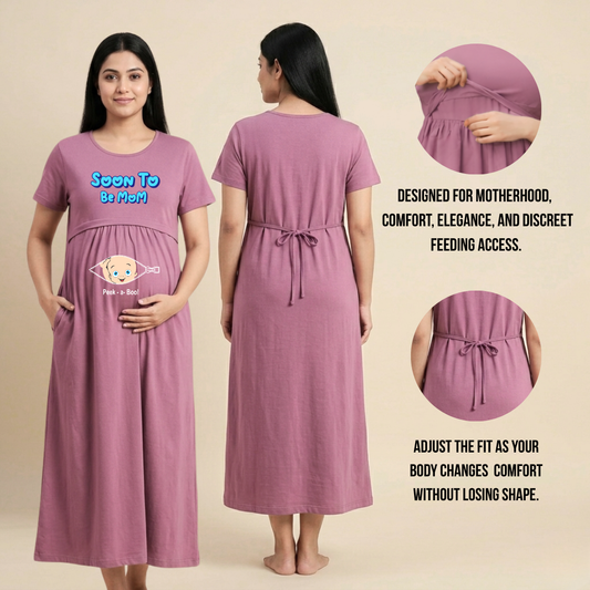 Comfort Fit Maternity Dress with Hidden Feeding Zip | Nursing Friendly Cotton Tee Dress
