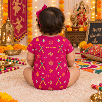 My First Navratri Baby Girl Romper | Pink Dandiya Festive Onesie
