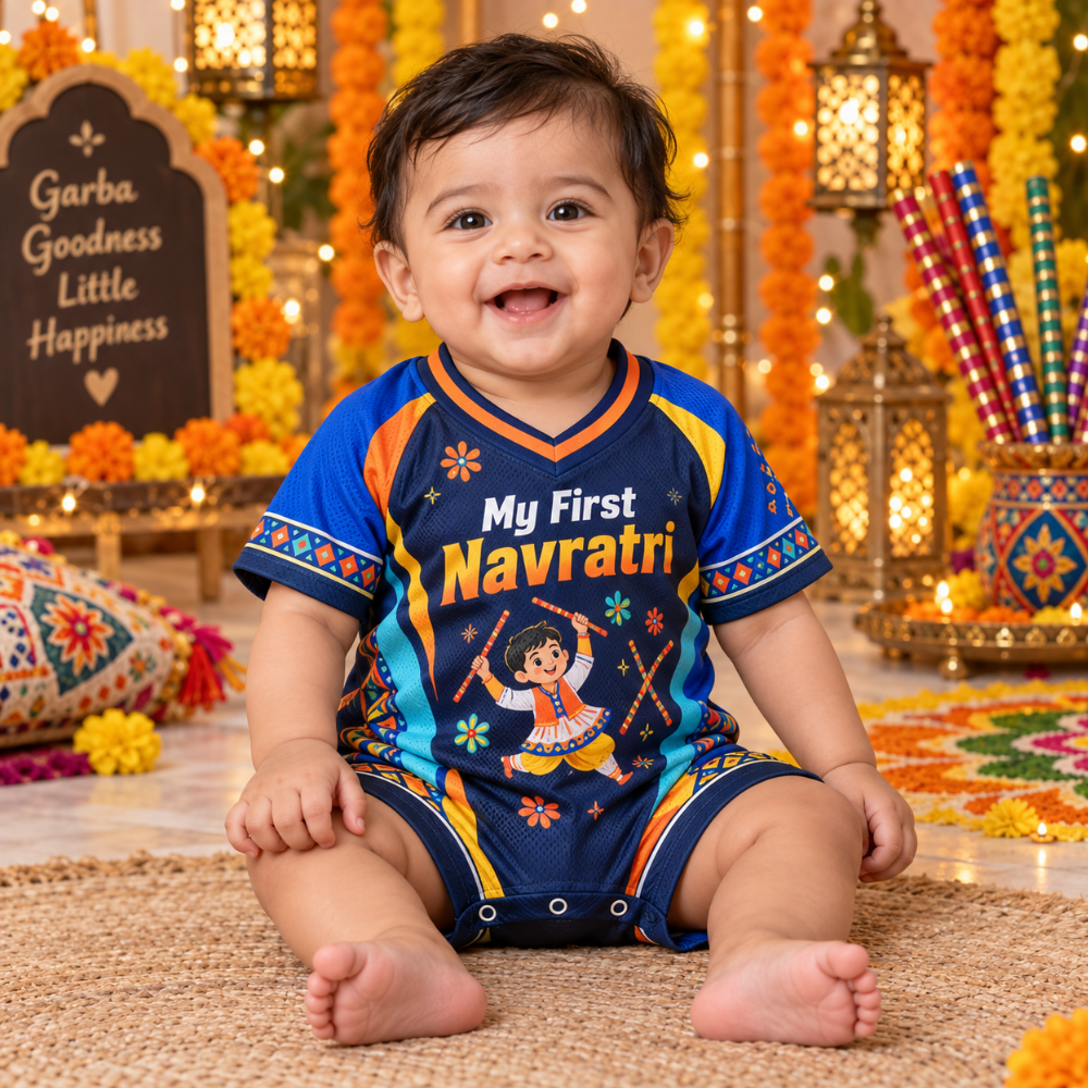 My First Navratri Baby Boy Jersey Romper | Blue Dandiya Onesie