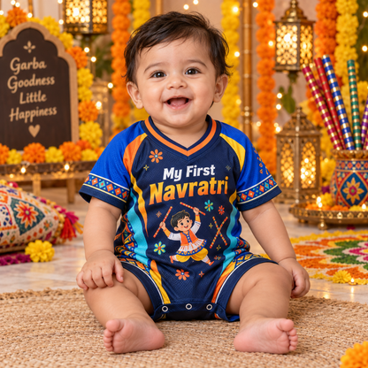 My First Navratri Baby Boy Jersey Romper | Blue Dandiya Onesie