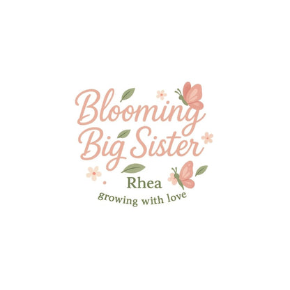 Logo for 'Blooming Big Sister Rhea' with floral elements on a white background