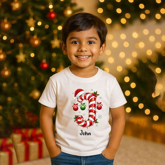 Personalized Kids Candy Cane Initial T-Shirt | Custom Name Xmas Tee