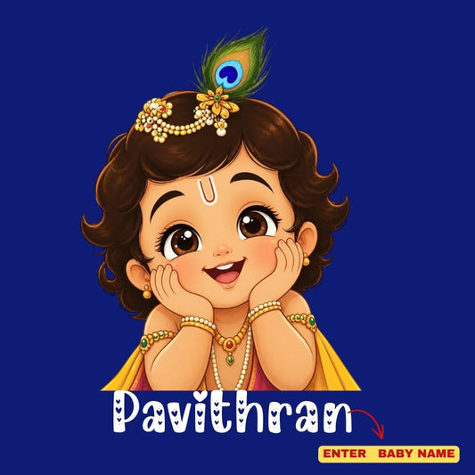 Little Krishna Personalized Kids Janmashtami Round Neck T-Shirt – Custom Name
