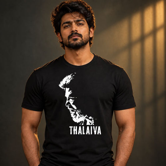 Thalaiva Black Graphic T-Shirt for Men – Bold Monochrome Portrait | Jopokart