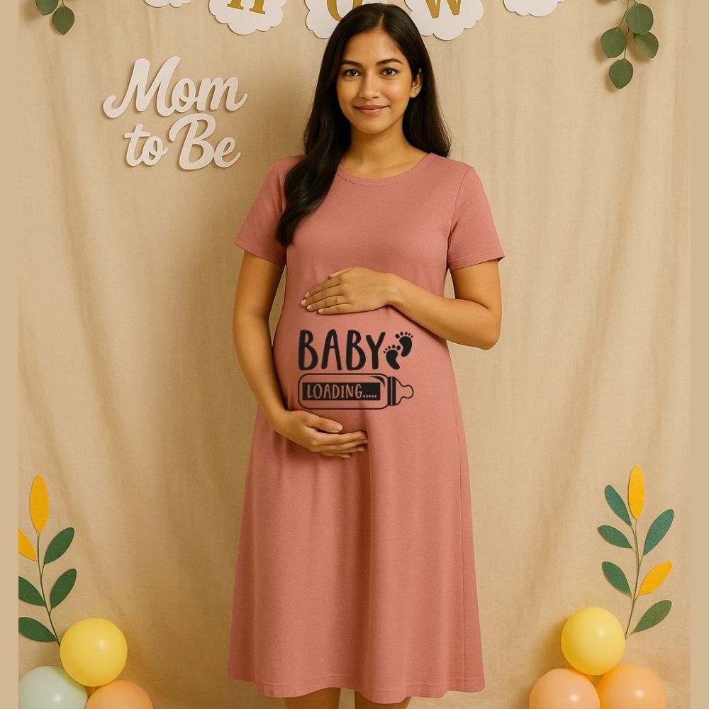 Plum Maternity Dress, 'Baby Loading' text and Feeding Bottle, Baby Footprint design