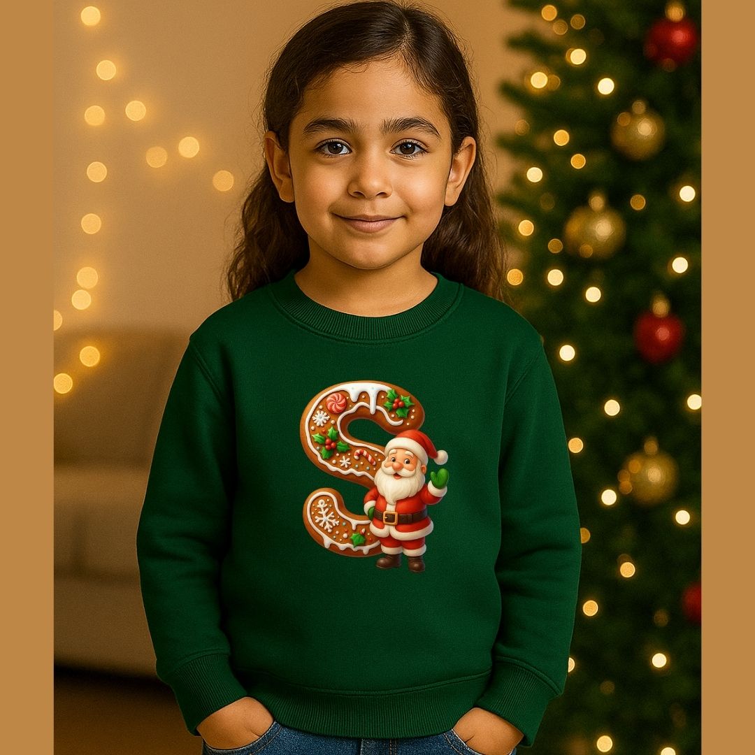Personalized Kids Gingerbread Initial Sweatshirt | Custom Letter 'S' & Santa Sweatshirt